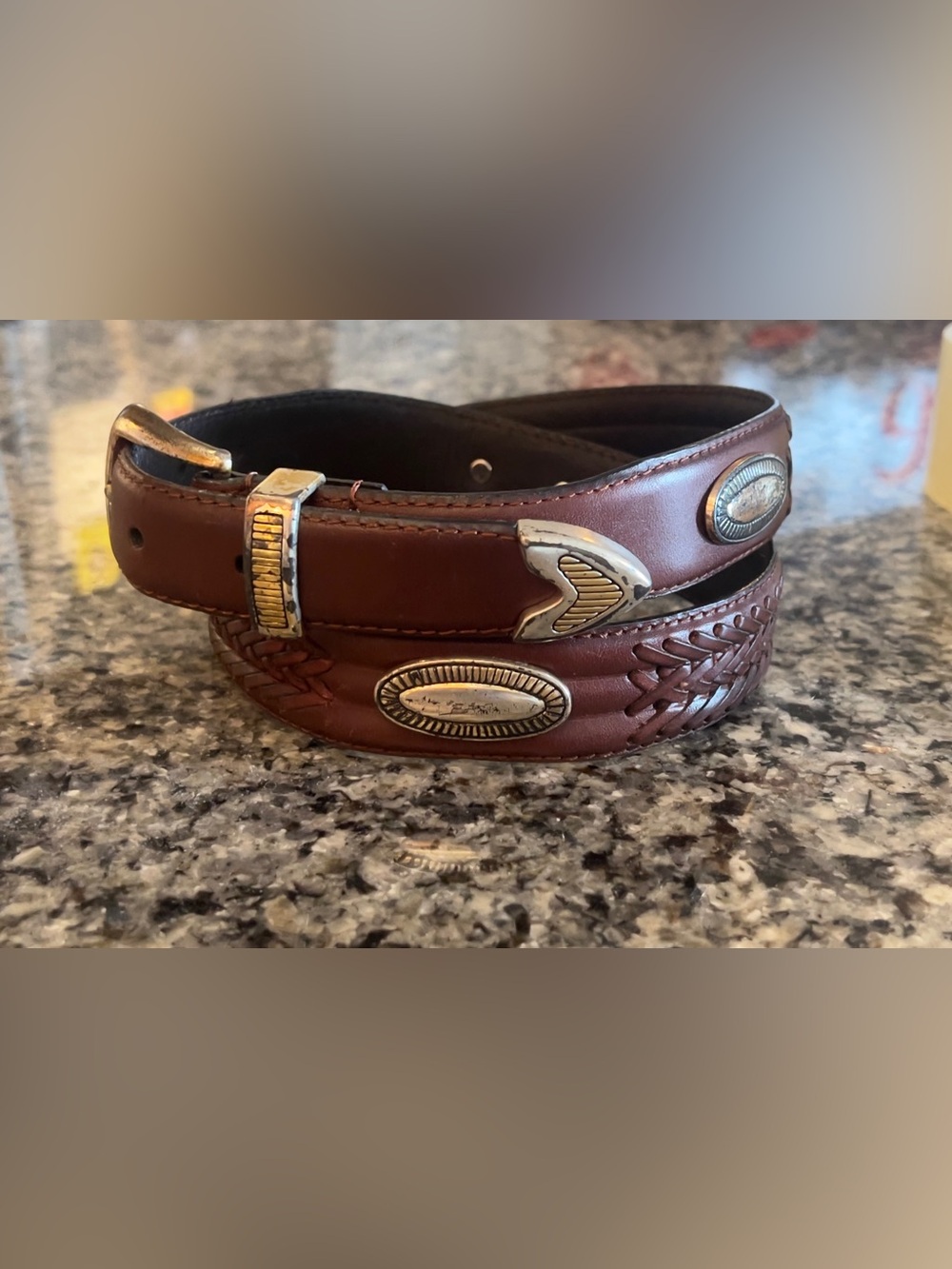 VTG- Fossil Brown Leather Belt with Two-Tone Stitching And Silver/Gold Hardware